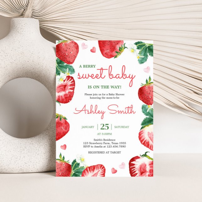 Jordberry Berry Sweet Baby Shower Inbjudningar (A Berry Sweet Strawberry Baby Shower Invitation)