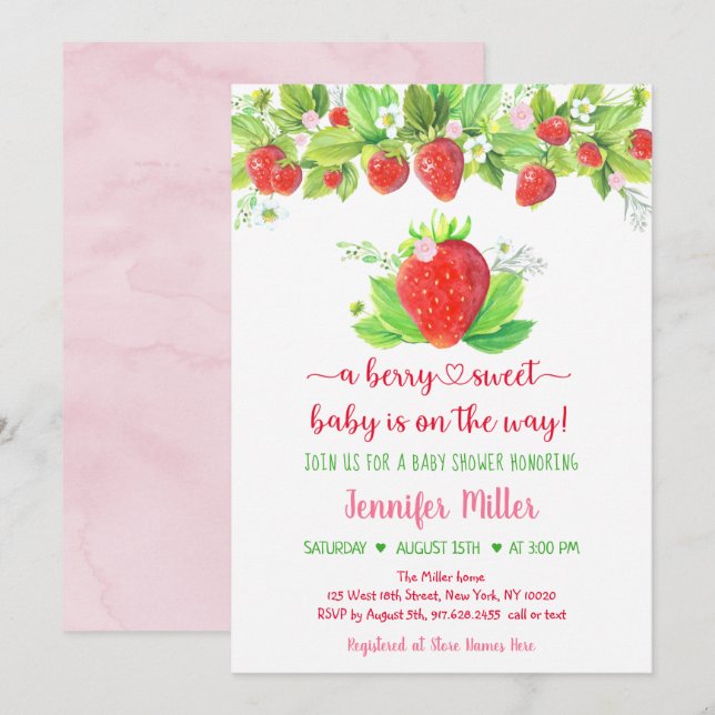 Jordberry Berry Sweet Blommigt Baby Shower Inbjudningar (Fram/baksida)