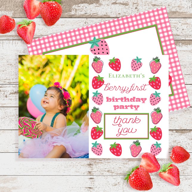 Jordberry Girl Photo Berry First Födelsedagsfest Tack Kort (Strawberries Girl Photo Berry First Birthday Party Thank You Flat Card)