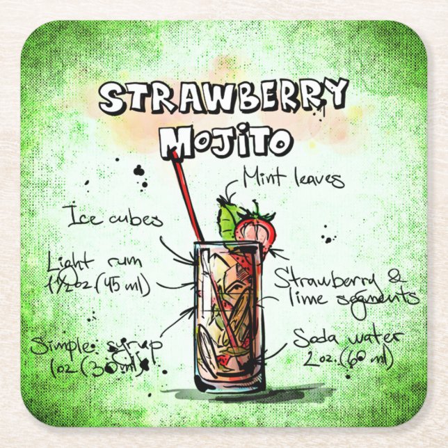 Jordberry Mojito Drink Recipe Underlägg Papper Kvadrat (Framsidan)