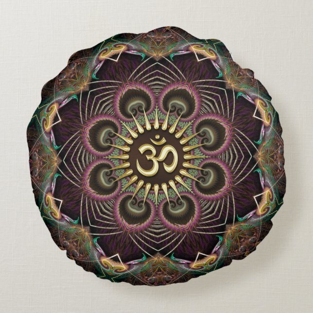 Jordblomma Fraktal Energi Mandala Om-symbol Rund Kudde (Baksidan)