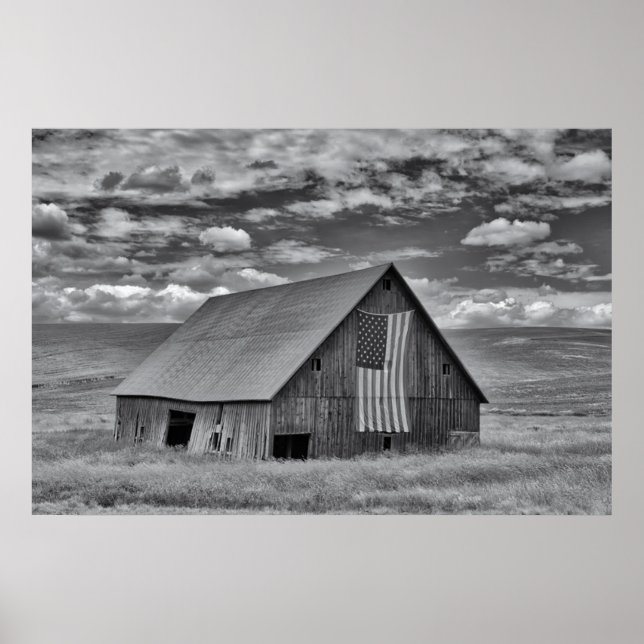 Jordbruk | BW American Flagga Barn Scene Poster (Framsidan)
