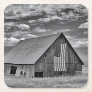 Jordbruk   BW American Flagga Barn Scene Underlägg Papper Kvadrat
