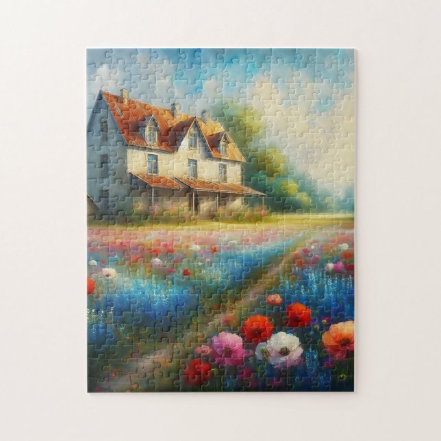 Jordbruk i en fält av blommor pussel (Vertikal)