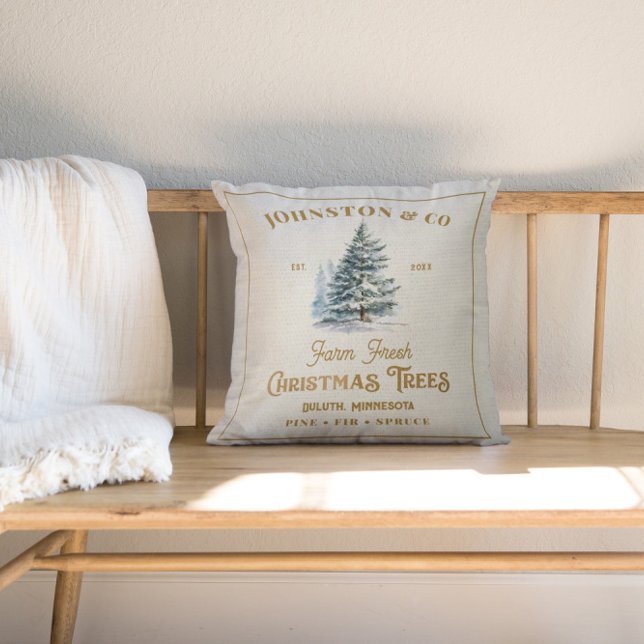 Jordbruk i Rustic Burlap Guld Efternamn Julgran Kudde (Skapare uppladdad)