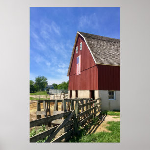 Jordbruk Red Barn with American Flagga Poster