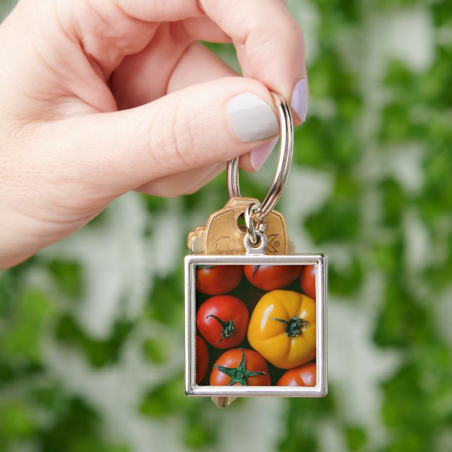 Jordbruk | Shiny Red & Gult Tomates Fyrkantig Silverfärgad Nyckelring (Hand)