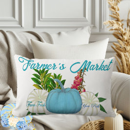 Jordbrukare Marknadsfall Pumpkins White Blue Harve Lumbarkudde