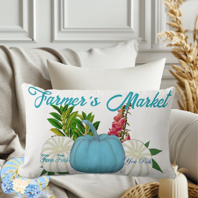 Jordbrukare Marknadsfall Pumpkins White Blue Harve Lumbarkudde (Farmers Market Fall Pumpkins White Blue Harvest Lumbar Pillow)