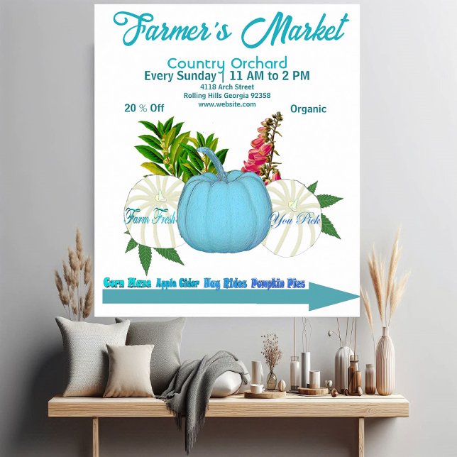 Jordbrukare Marknadsfall Pumpkins White Blue Harve Poster (Farmers Market Fall Pumpkins White Blue Harvest Poster)