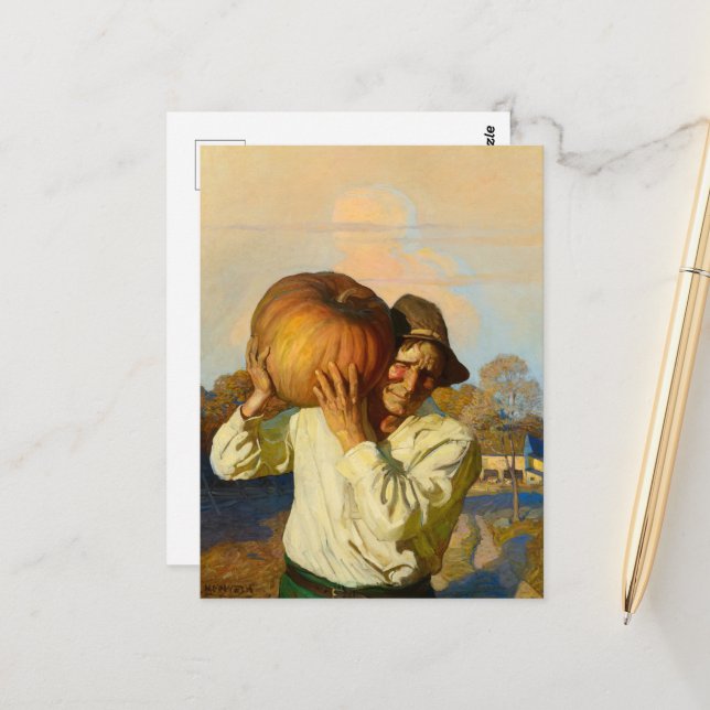 Jordbrukare med Pumpkin av Newell Convers Wyeth Vykort (Fram/Back In Situ)