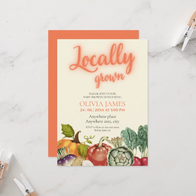 Jordbrukare saluför lokalt odlade babyduschar inbjudningar (Fram/Back In Situ)