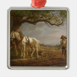 Jordbrukare som ligger i en Fält med hästar och bl Julgransprydnad Metall