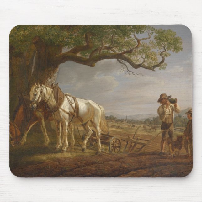 Jordbrukare som ligger i en Fält med hästar och bl Musmatta (Framsidan)