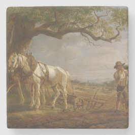 Jordbrukare som ligger i en Fält med hästar och bl Stenunderlägg