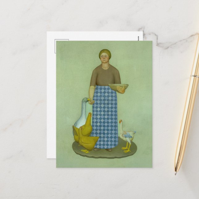 Jordbrukarens fru med Chickens per Grant Wood Helg Vykort (Fram/Back In Situ)