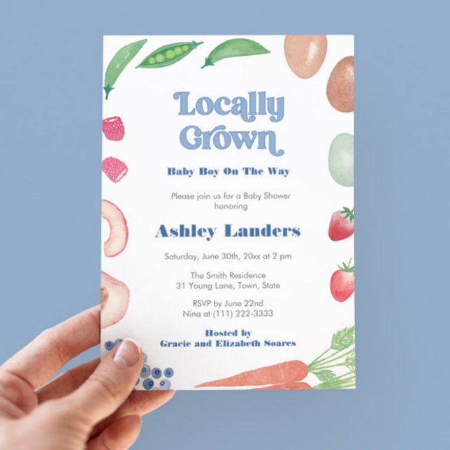Jordbrukarens lilla barnskötare på marknaden inbjudningar (Locally Grown baby boy shower invitation giving a twist on the Farmers Market theme )