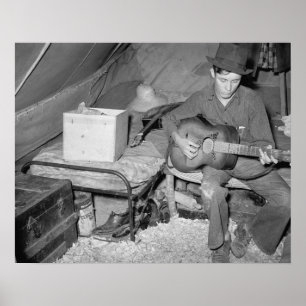 Jordbruksarbetare som leker Gitarr, 1939. Poster