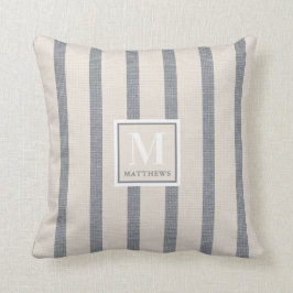 Jordbrukshus Beige och Land Blue Namn Monogram Kudde