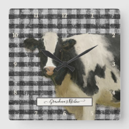 Jordbrukshus Cow Black n White Gingham Rustic Kkök Fyrkantig Klocka