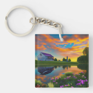 Jordbrukshus Lila tak Pond vid Soluppgång