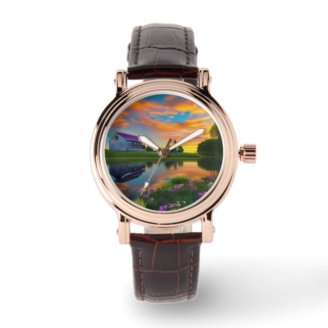 Jordbrukshus Lila tak Pond vid Soluppgång Armbandsur (Framsida)