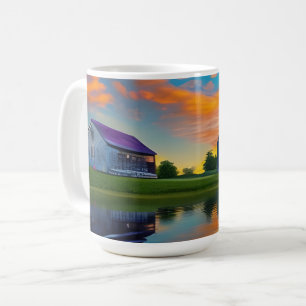 Jordbrukshus Lila Tak Pond vid Soluppgång Kaffemugg