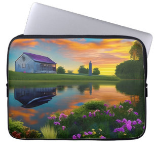 Jordbrukshus Lila tak Pond vid Soluppgång Laptop Fodral