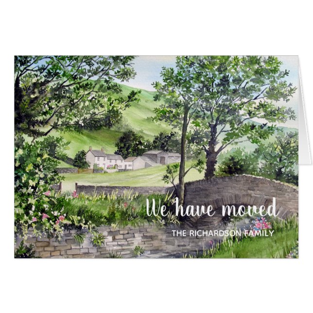 Jordbrukshus nära tretton nya hem vi har Flyttat Hälsningskort (Framsidan Horizontal)