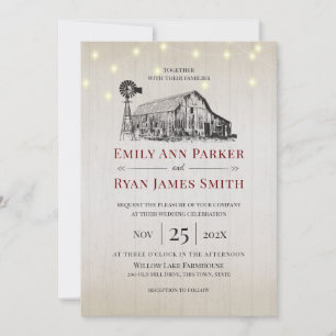 Jordbrukshuset Land Barn Sketch och String Ljus Inbjudningar