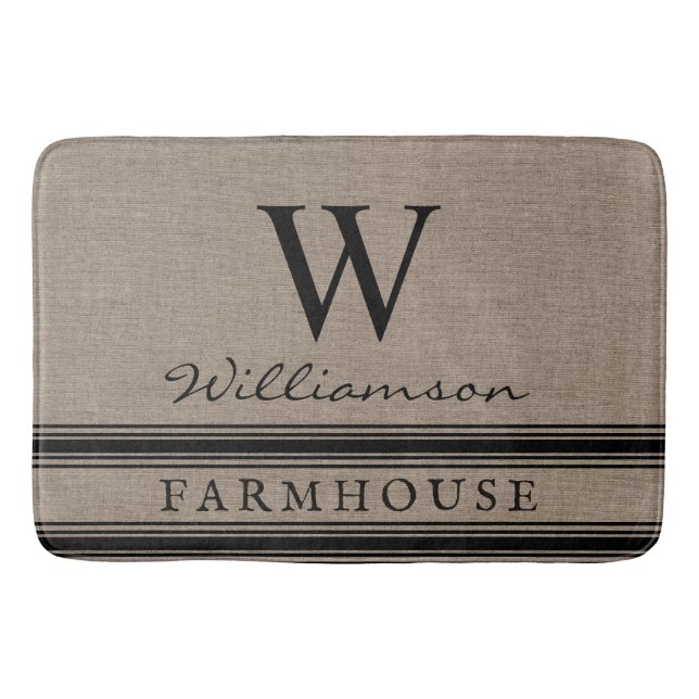 Jordbrukshuset Stil Burlap Monogrammed Familj Namn Badrumsmatta (Framsidan)
