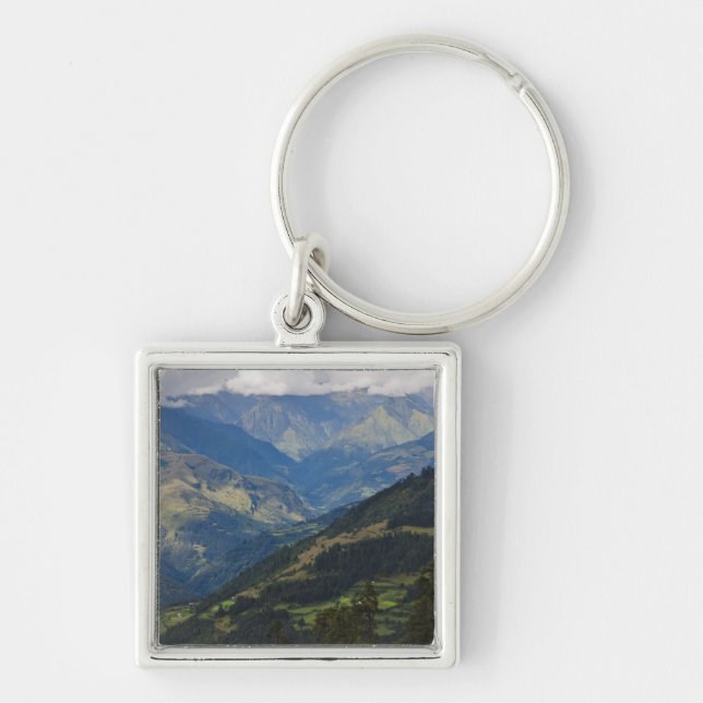 Jordbruksmark och by i Himalaya Fyrkantig Silverfärgad Nyckelring (Framsidan)