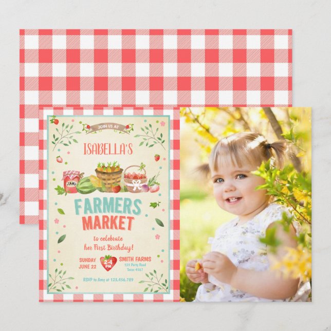 Jordbruksmarknaden Grown Veggies Fruits Red Girl P Inbjudningar (Fram/baksida)