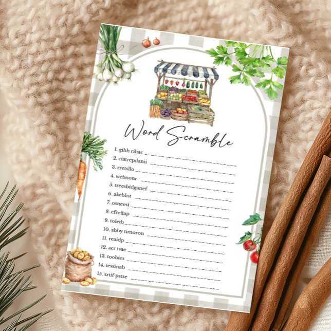 Jordbruksmarknaden, lokalt odlad skam i Ord (Farmers Market Baby Shower Word Scramble Game)