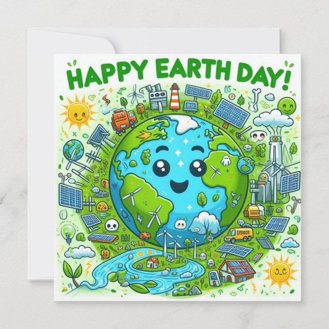 Jorddagen i lycklig - Globe Grönt Träd Vatten, kon Julkort (Framsida)