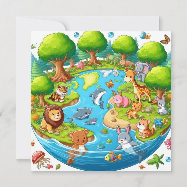 Jorddagen i lycklig - Globe Grönt Träd Vatten, kon Julkort (Framsida)