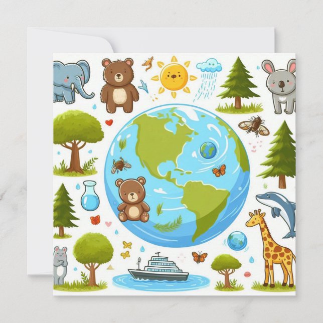 Jorddagen i lycklig - Globe Grönt Träd Vatten, kon Julkort (Framsida)