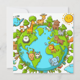 Jorddagen i lycklig - Globe Grönt Träd Vatten, kon Julkort