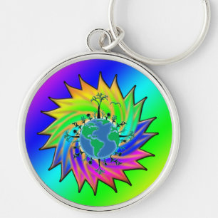 Jorddagen ~ Sunburst Rund Silverfärgad Nyckelring