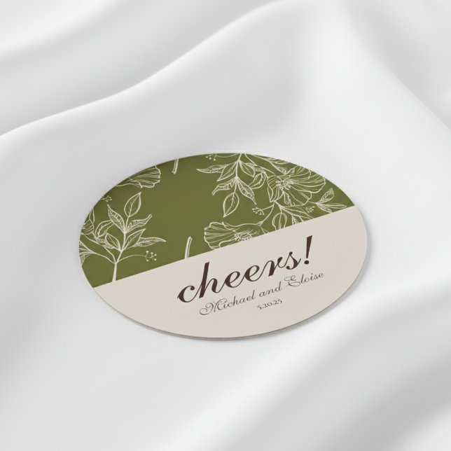 Jorden Tone Blommigt Cheers! Bröllop Underlägg fav (Add a stylish touch to your celebration with this Earth Tone Floral “Cheers!” Wedding Coaster Favor!)