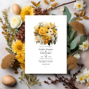 Jorden Tones och Canary Gult Blommigt Bröllop Inbjudningar