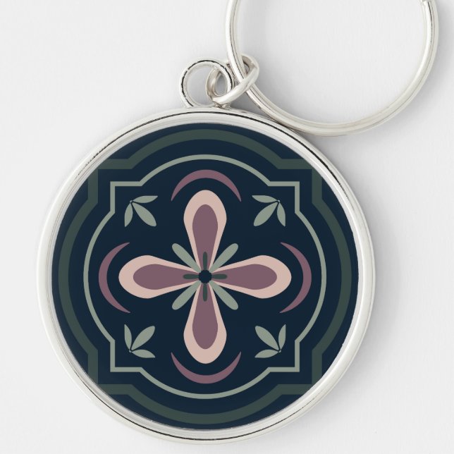 jordfärgade blomster geometriska plattor rund silverfärgad nyckelring (Framsidan)