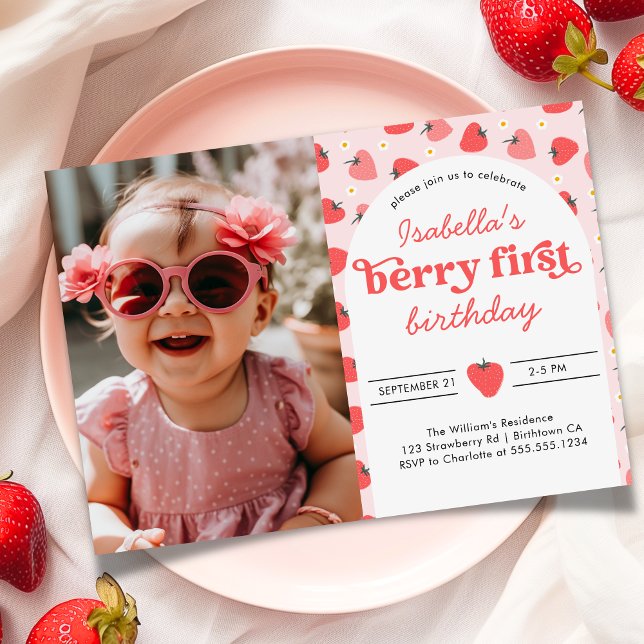 Jordgubb 1:a födelsedagsfest Berry Först  Inbjudningar (Beery First Photo Birthday Invite)