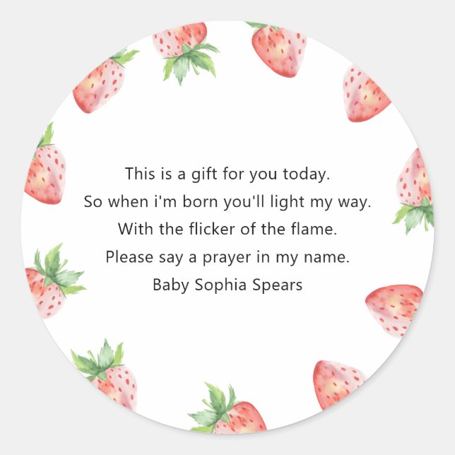 Jordgubb baby shower - Psalmljus etikett (Framsida)