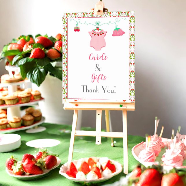 Jordgubb Babykläder Baby Shower Kort & Gåvor Poster (Gifts Galore: Strawberry Baby Outfit Shower Poster Presents Perfectly Arranged!)