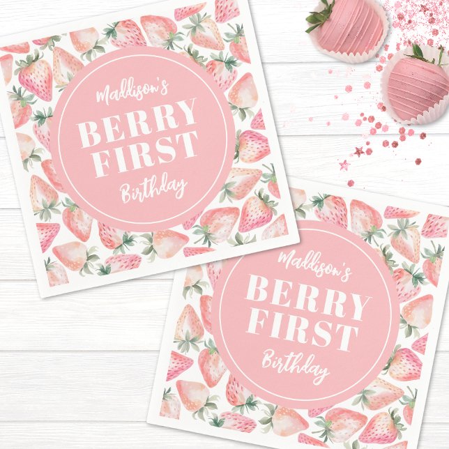 Jordgubb Berry Första 1:a Födelsedagsfest Pappersservett (Strawberry Berry First 1st Birthday Party Napkins)