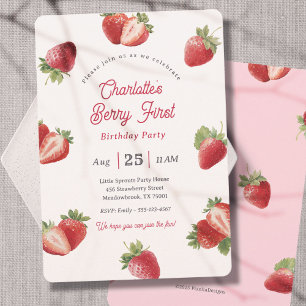 Jordgubb Berry Första Flicka 1-årsdag Inbjudningar