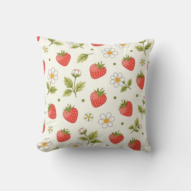 Jordgubb Blommar Sommarmönster Kudde (Framsida)