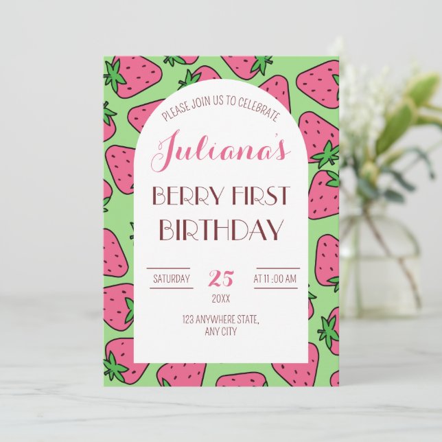 Jordgubb Första Födelsedag, Bär Första Födelsedag  Inbjudningar (Stående Fram)