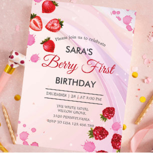 Jordgubb & Hallon Party 1-års födelsedag BabyFlick Inbjudningar